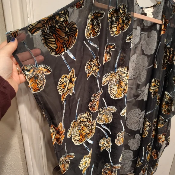 Japna Women's Velvet Burnout Kimono Duster Black & Gold Floral Sz L Whimsigoth - Picture 4 of 6